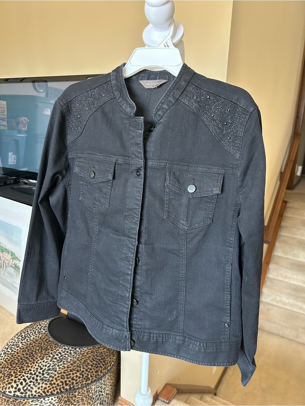 Denver Hayes Black Embellished Shoulder Jean Jacket with front and side pockets